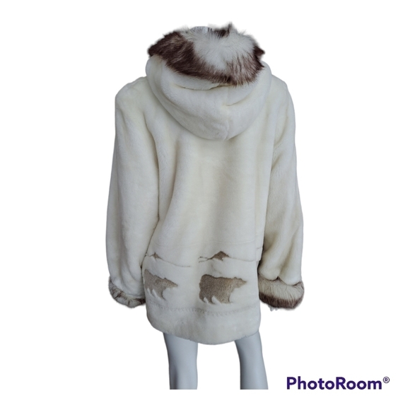 Vintage Penmans faux fur womens coat with hood, off white, Medium,bears pattern - Picture 4 of 16